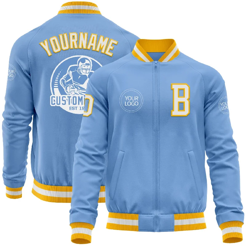 Fishing line cutter-Custom Light Blue White-Gold Bomber Varsity Letterman Zipper Jacket