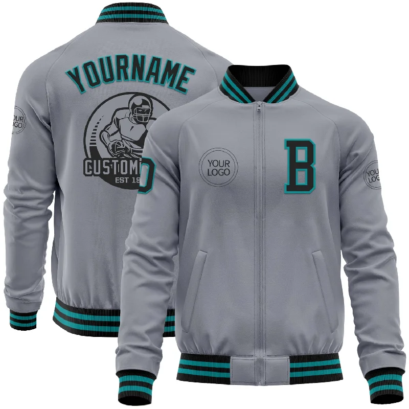 Fishing reel protective bag-Custom Gray Black-Teal Bomber Varsity Letterman Zipper Jacket