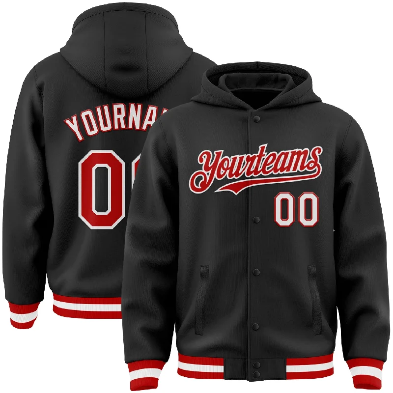 Fishing line braiding tool-Custom Black Red-White Bomber Full-Snap Varsity Letterman Hoodie Jacket