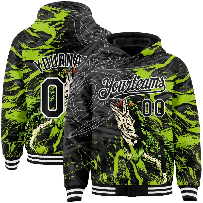 Fishing line crimper-Custom Black Neon Green-White Snakehead Fish Fishing 3D Bomber Full-Snap Varsity Letterman Hoodie Jacket