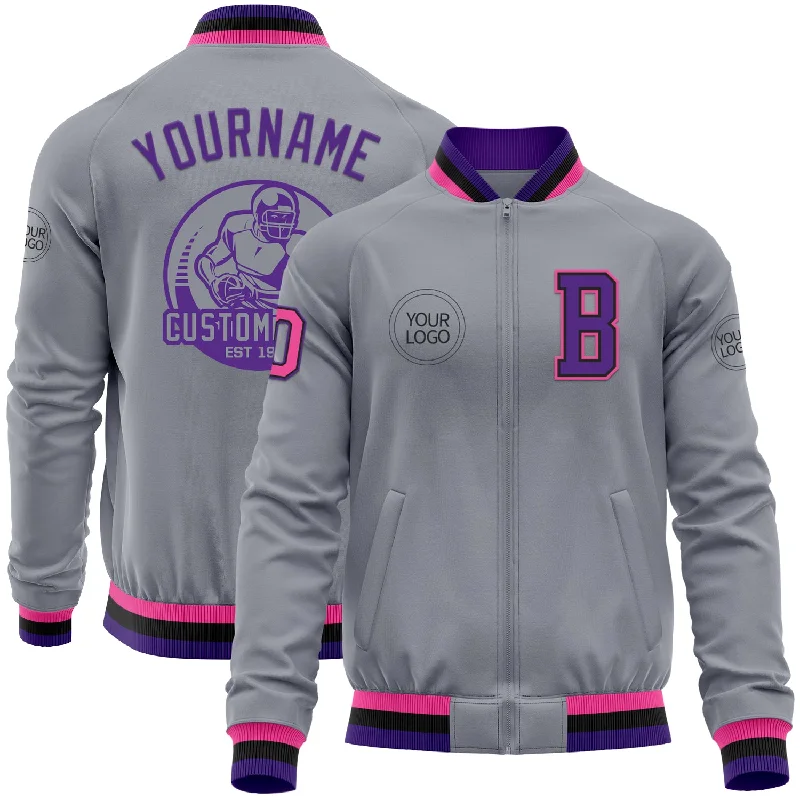 Fishing line tensioner tool-Custom Gray Pink Black-Purple Bomber Varsity Letterman Zipper Jacket