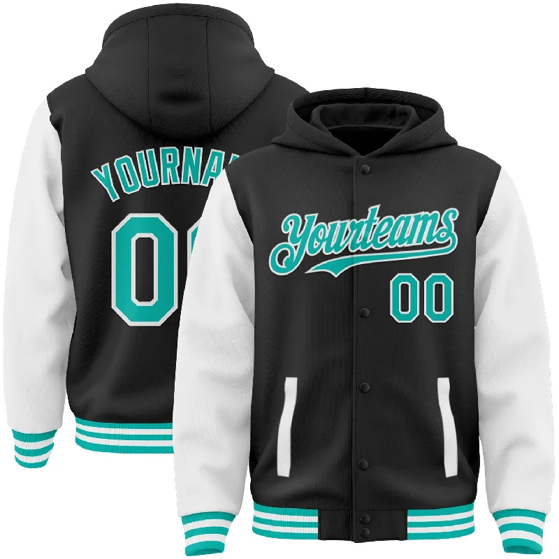 Fishing line stripper-Custom Black Aqua-White Bomber Full-Snap Varsity Letterman Two Tone Hoodie Jacket