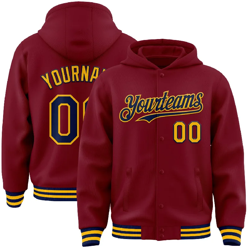 Fishing reel handle upgrade-Custom Crimson Navy-Gold Bomber Full-Snap Varsity Letterman Hoodie Jacket