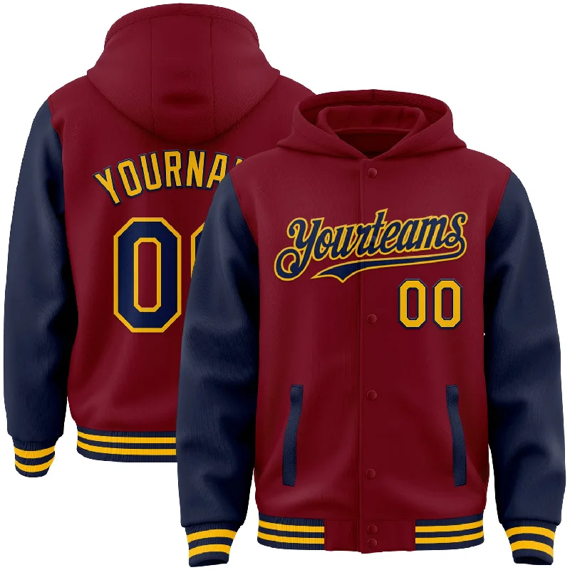 Fishing rod travel rack-Custom Crimson Navy-Gold Bomber Full-Snap Varsity Letterman Two Tone Hoodie Jacket