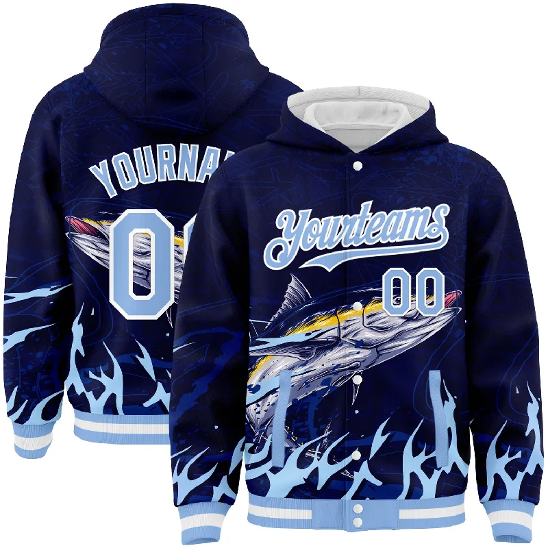 Fishing tackle mat-Custom Navy Light Blue-White Tuna Fish Fishing 3D Bomber Full-Snap Varsity Letterman Hoodie Jacket