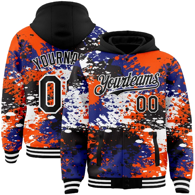 Fishing tackle compartment tray-Custom Black Orange-Royal Abstract Splash Grunge Art 3D Pattern Design Bomber Full-Snap Varsity Letterman Hoodie Jacket