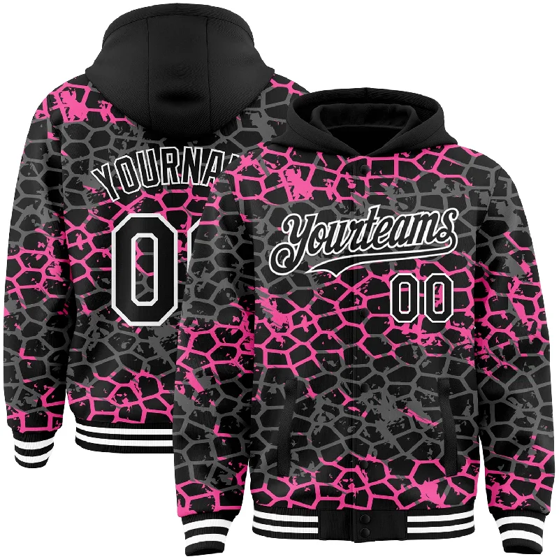 Fishing bait dispensing tool-Custom Black Pink-White Abstract Network 3D Pattern Design Bomber Full-Snap Varsity Letterman Hoodie Jacket