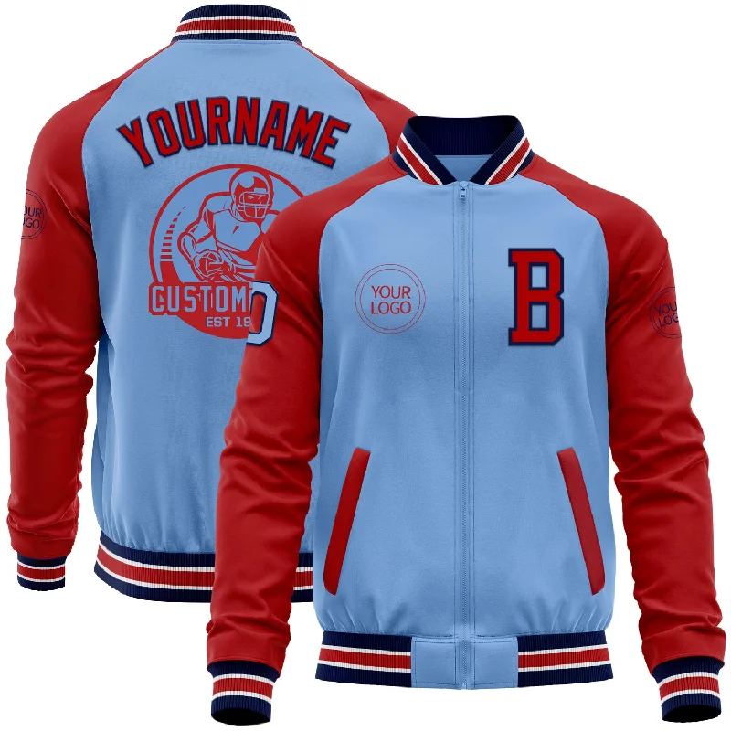 Fishing tackle stacking tray-Custom Light Blue Navy-Red Bomber Varsity Letterman Two Tone Zipper Jacket