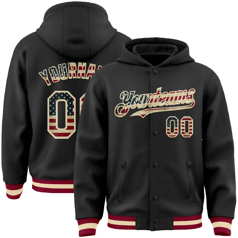 Fishing pliers heavy duty-Custom Black Vintage USA Flag Cream-Maroon Bomber Full-Snap Varsity Letterman Hoodie Jacket