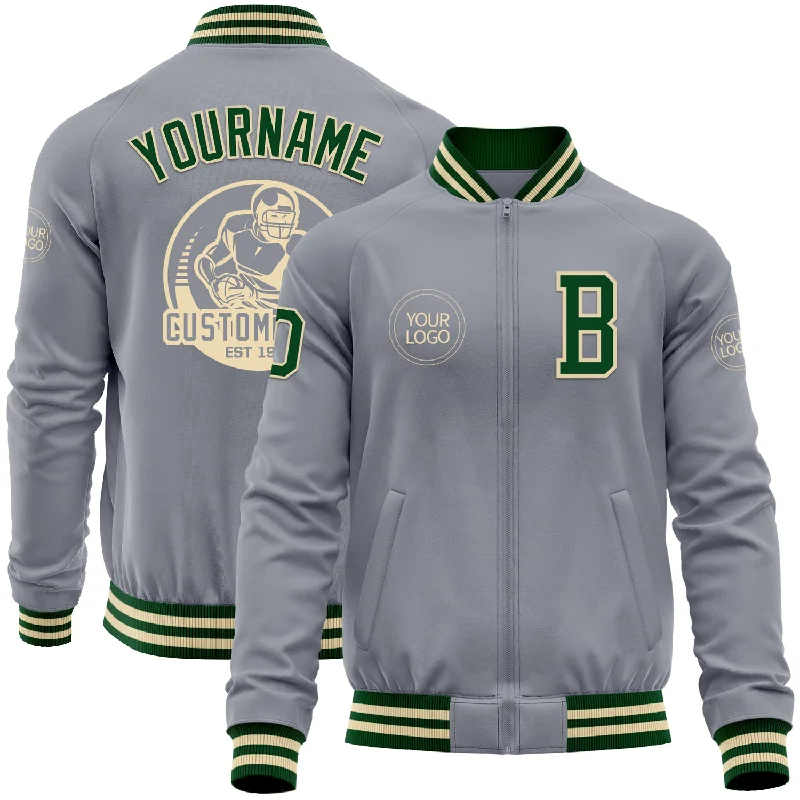 Fishing hook honing stone-Custom Gray Green-Cream Bomber Varsity Letterman Zipper Jacket