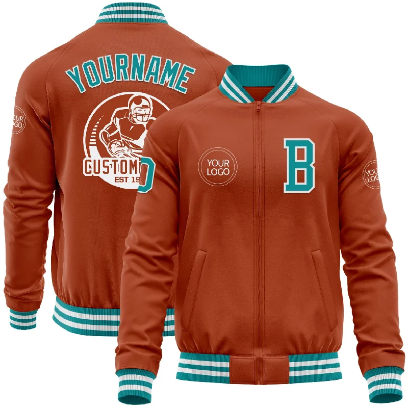 Fishing rod carrying strap-Custom Texas Orange Teal-White Bomber Varsity Letterman Zipper Jacket