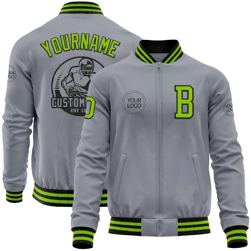 Fishing line knot tool-Custom Gray Neon Green-Black Bomber Varsity Letterman Zipper Jacket