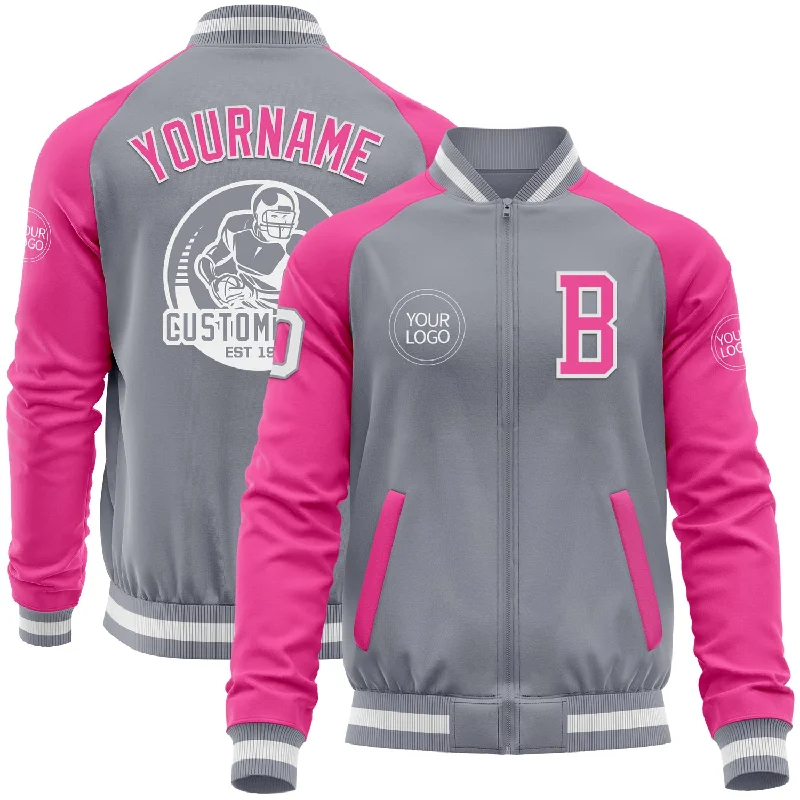 Fishing line depth finder-Custom Gray White-Pink Bomber Varsity Letterman Two Tone Zipper Jacket