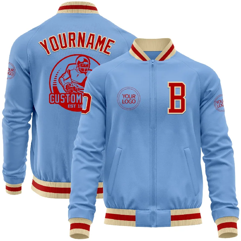 Fishing hook sharpener-Custom Light Blue Red-Cream Bomber Varsity Letterman Zipper Jacket