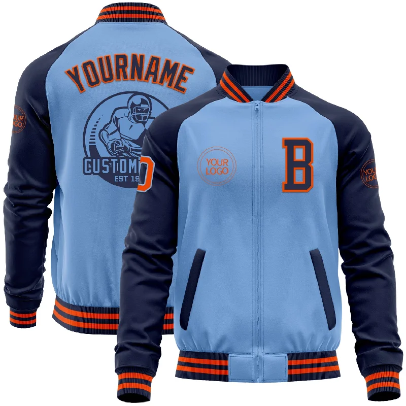 Fishing hook grinding kit-Custom Light Blue Orange-Navy Bomber Varsity Letterman Two Tone Zipper Jacket