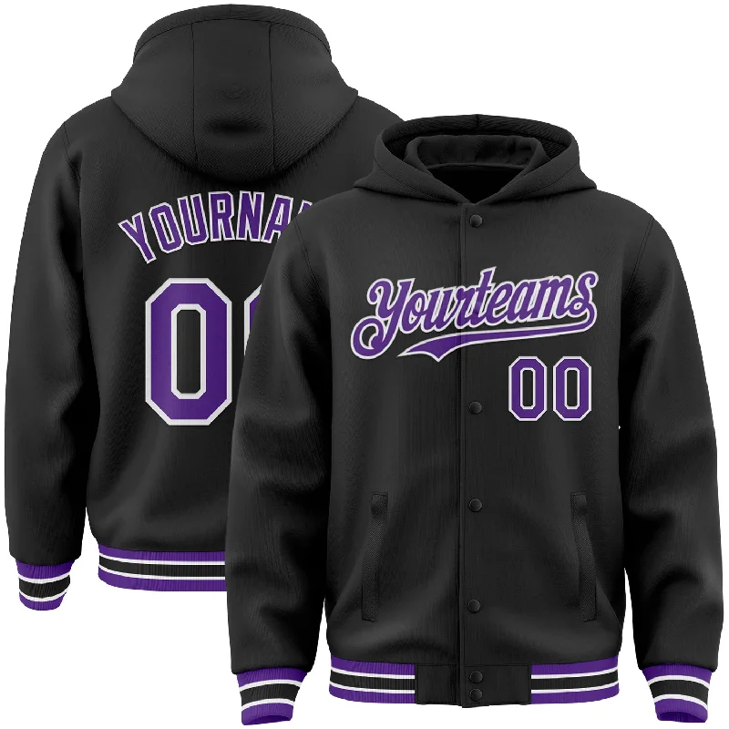 Fishing hook honing tool-Custom Black Purple-White Bomber Full-Snap Varsity Letterman Hoodie Jacket