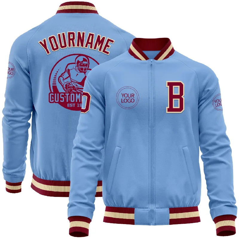 Fishing reel servicing device-Custom Light Blue Maroon-Cream Bomber Varsity Letterman Zipper Jacket