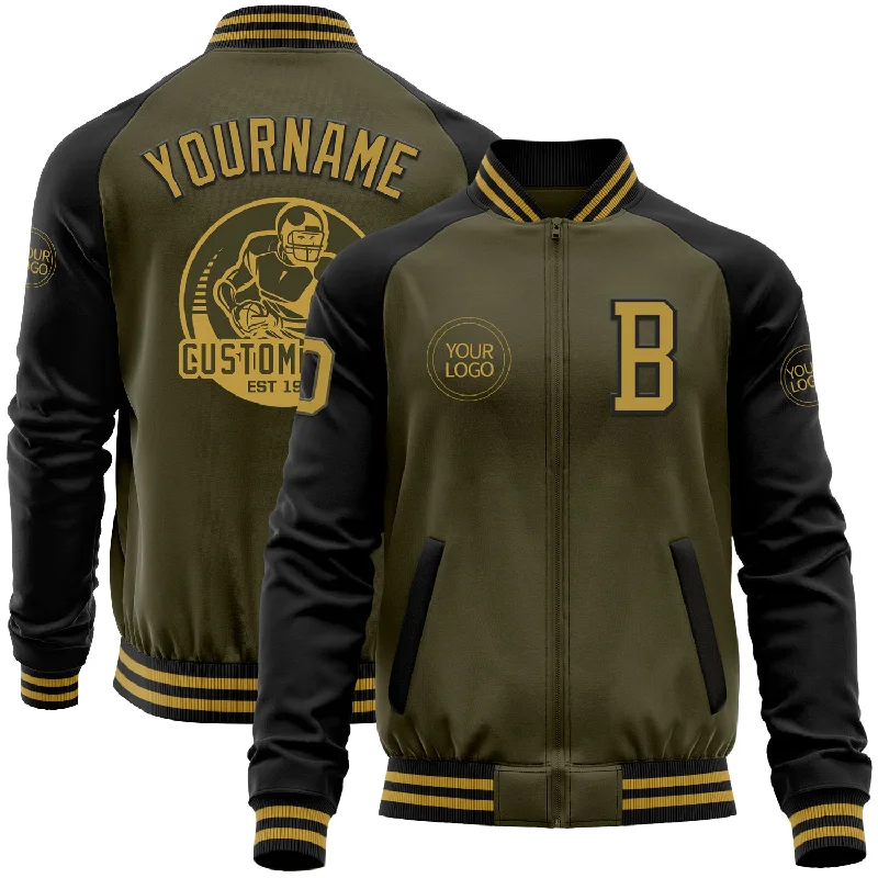 Fishing line braiding device-Custom Olive Old Gold-Black Bomber Varsity Letterman Two Tone Salute To Service Zipper Jacket