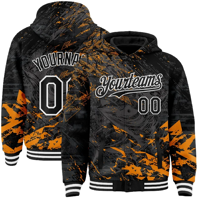 Fishing line tensioner-Custom Black Orange-White Tuna Fish Fishing 3D Bomber Full-Snap Varsity Letterman Hoodie Jacket