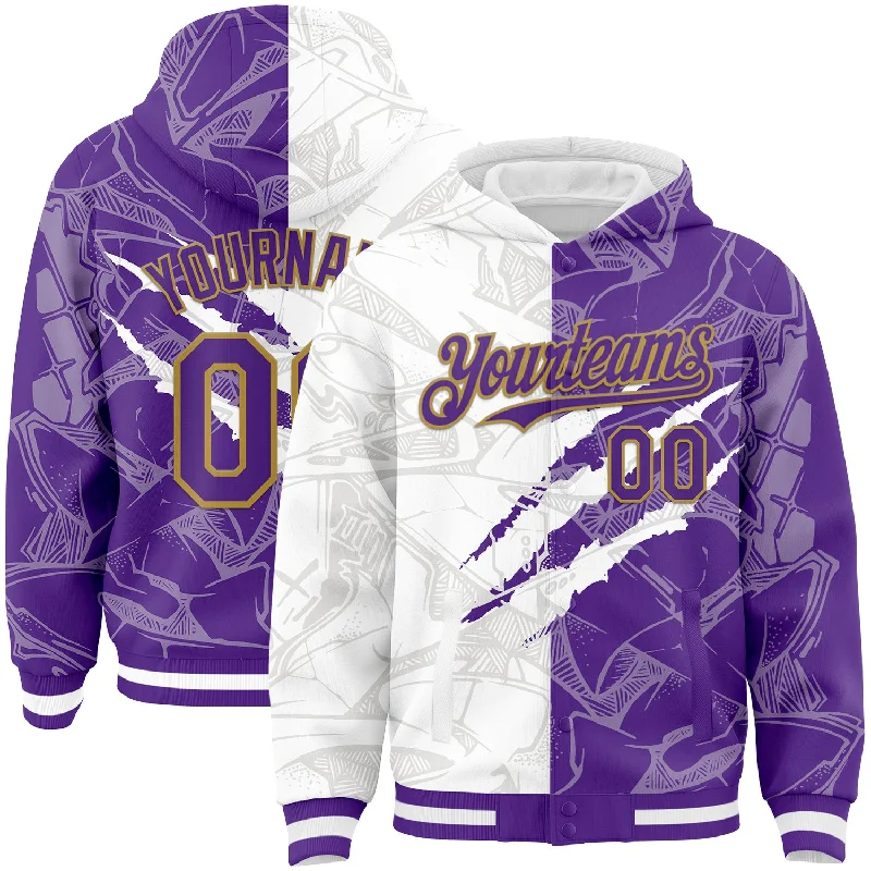 Fishing pliers with line cutter-Custom Graffiti Pattern Purple-Old Gold Scratch 3D Bomber Full-Snap Varsity Letterman Hoodie Jacket