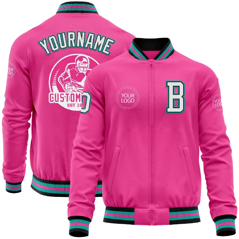 Fishing line tension tool-Custom Pink Black-Aqua Bomber Varsity Letterman Zipper Jacket