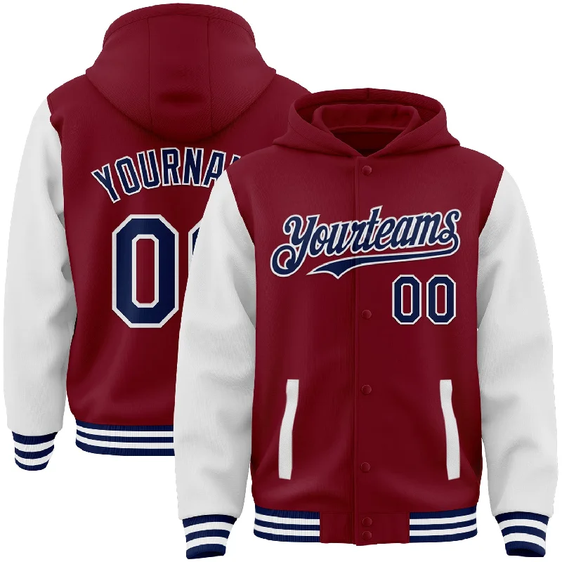 Fishing hook sharpener-Custom Crimson Navy-White Bomber Full-Snap Varsity Letterman Two Tone Hoodie Jacket