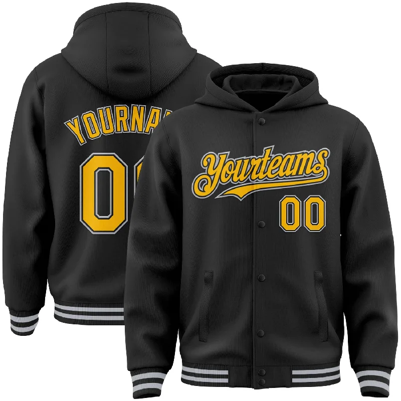 Fishing rod travel rack-Custom Black Gold-Gray Bomber Full-Snap Varsity Letterman Hoodie Jacket