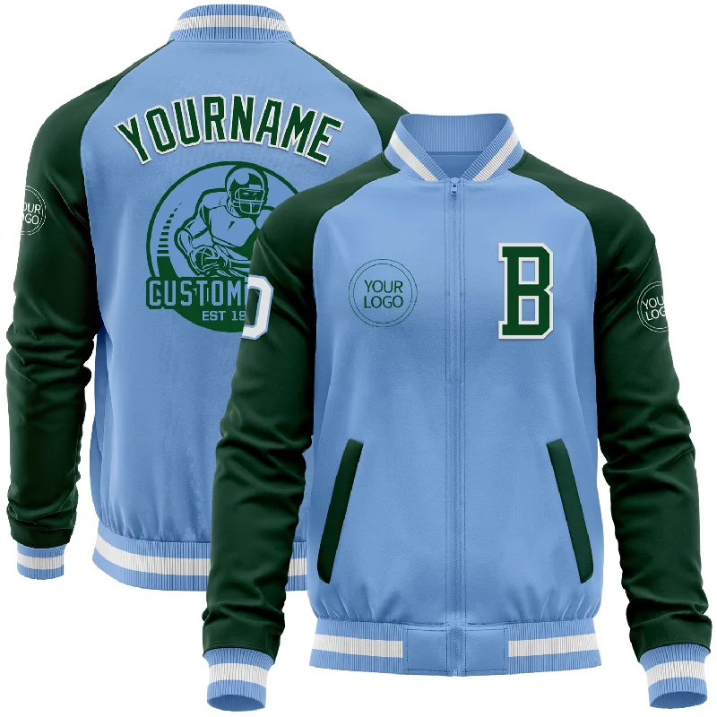 Fishing reel waterproof case-Custom Light Blue White-Green Bomber Varsity Letterman Two Tone Zipper Jacket