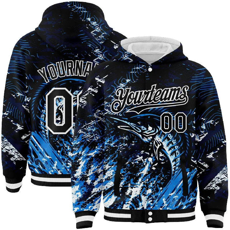 Fishing hook deburrer-Custom Navy Black-White Marlin Fish Fishing 3D Bomber Full-Snap Varsity Letterman Hoodie Jacket