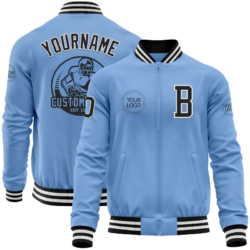 Fishing tackle cart-Custom Light Blue Black-White Bomber Varsity Letterman Zipper Jacket