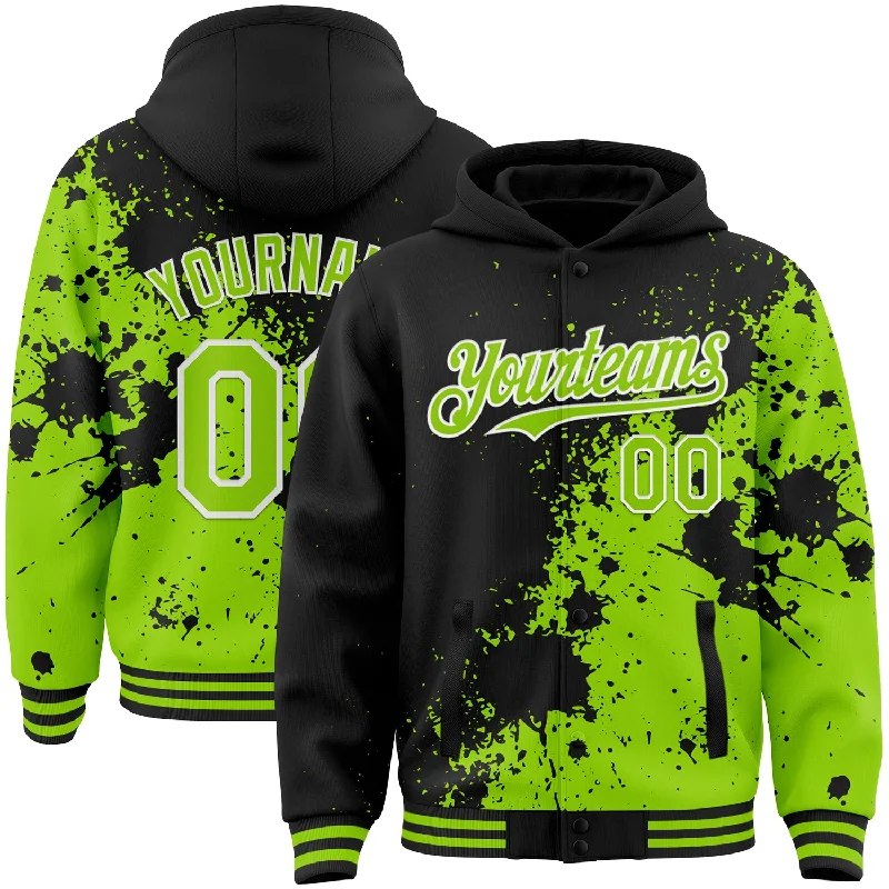 Fishing reel maintenance grease-Custom Black Neon Green-White Abstract Splash Grunge Art 3D Pattern Design Bomber Full-Snap Varsity Letterman Hoodie Jacket