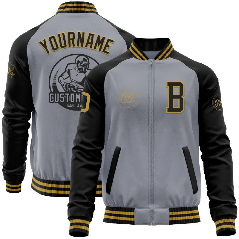 Fishing hook grinding tool-Custom Gray Old Gold-Black Bomber Varsity Letterman Two Tone Zipper Jacket