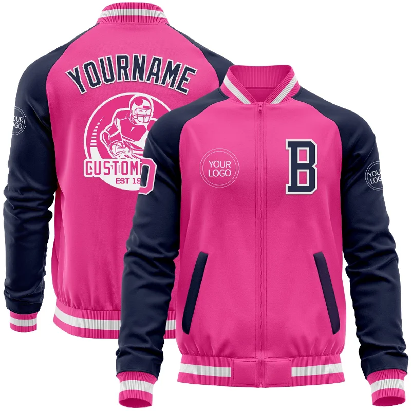 Fishing line crimper-Custom Pink White-Navy Bomber Varsity Letterman Two Tone Zipper Jacket