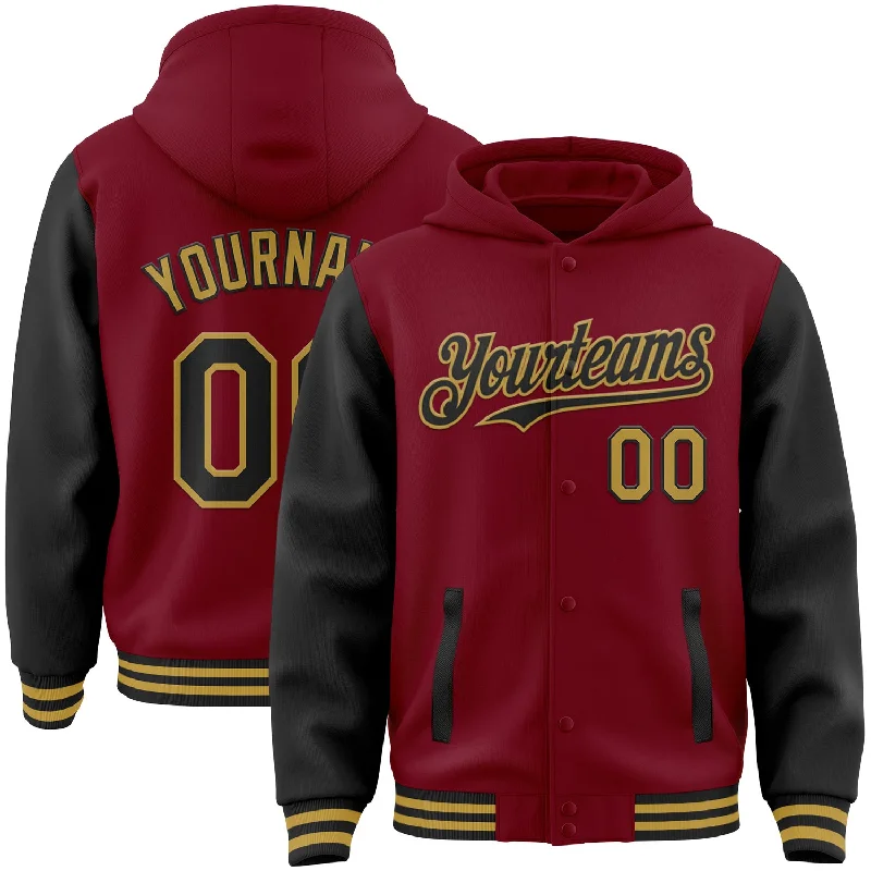 Fishing rod stand-Custom Crimson Black-Old Gold Bomber Full-Snap Varsity Letterman Two Tone Hoodie Jacket