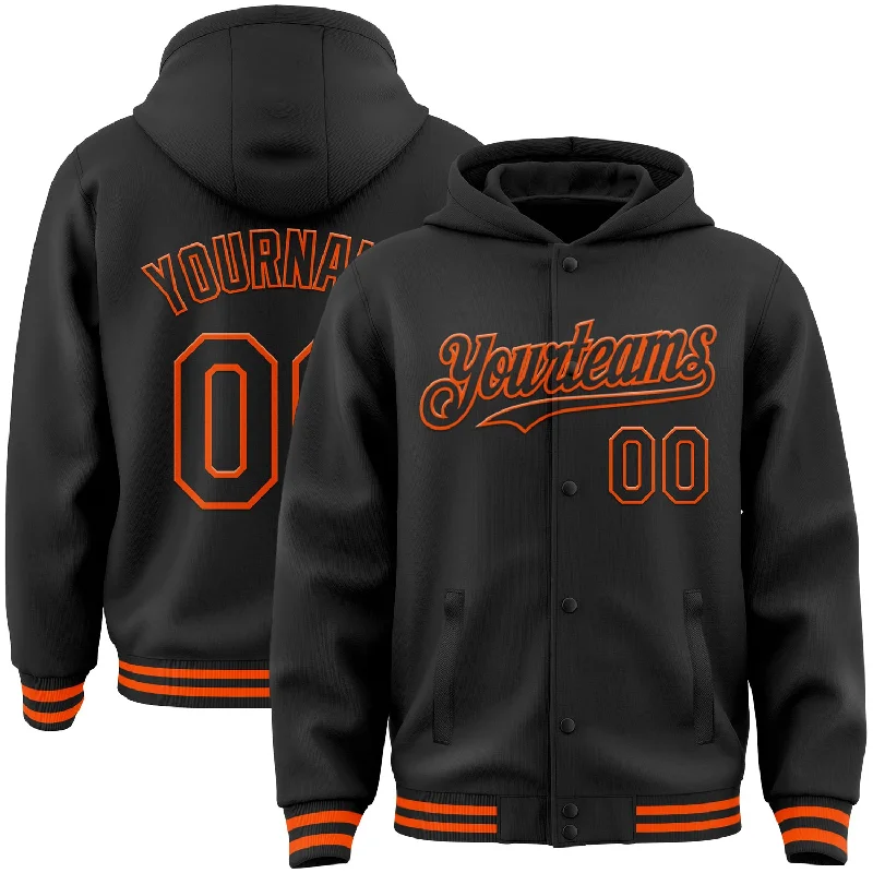 Fishing rod wall mount-Custom Black Orange Bomber Full-Snap Varsity Letterman Hoodie Jacket