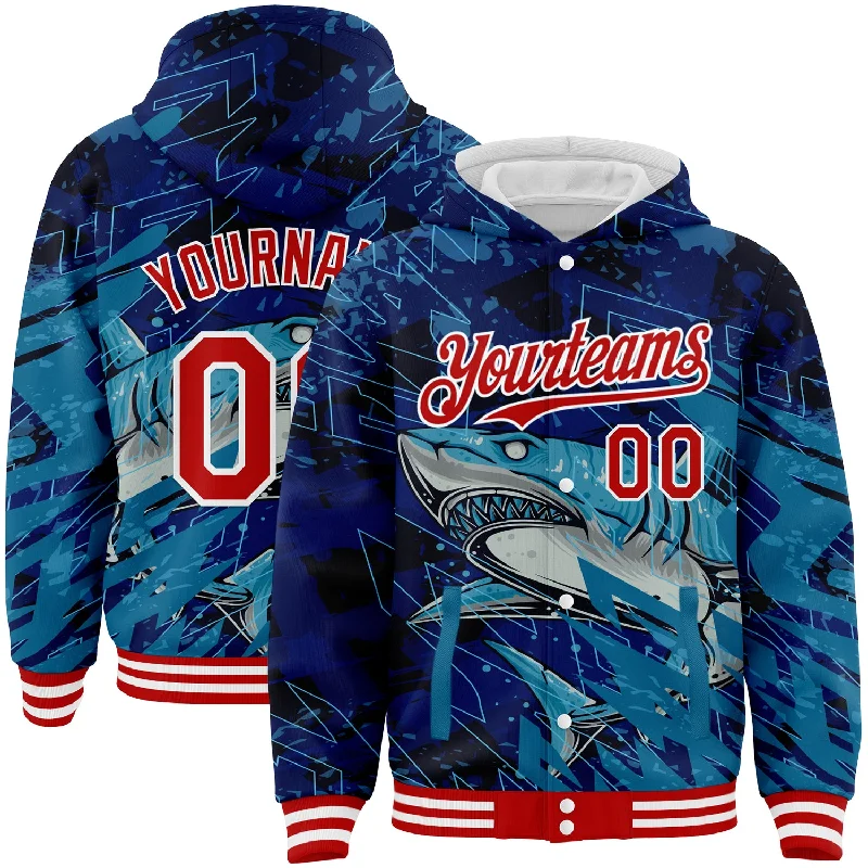 Fishing tackle holder-Custom Royal Red-White Marlin Fish Fishing 3D Bomber Full-Snap Varsity Letterman Hoodie Jacket